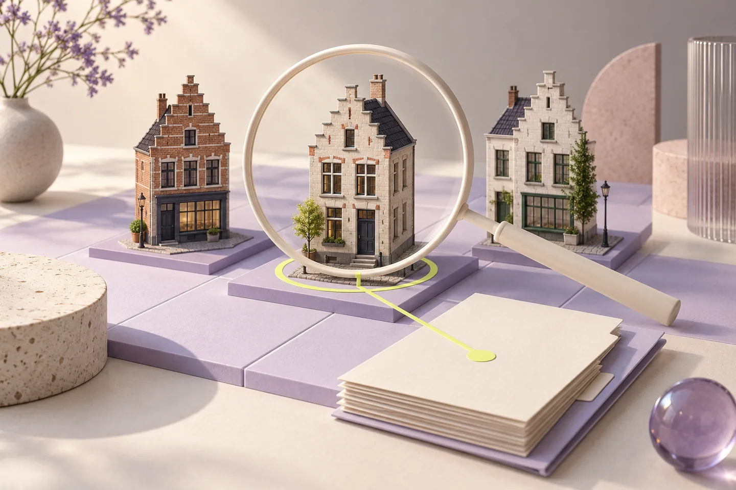 A coverage lens inspecting Belgian-style business buildings and a service dossier.