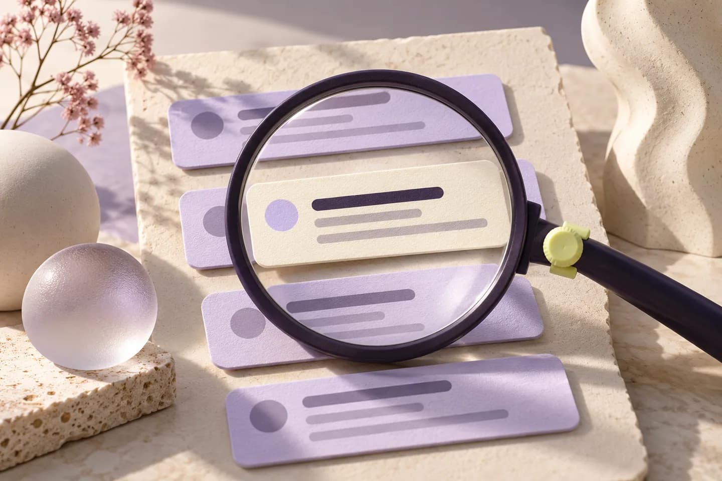 A precise lens isolating one result from a set of search listings.
