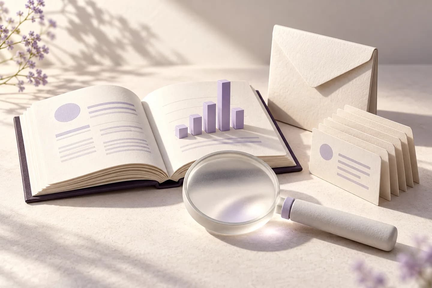 An open report, sculptural chart, envelope and page cards beneath a magnifying lens.