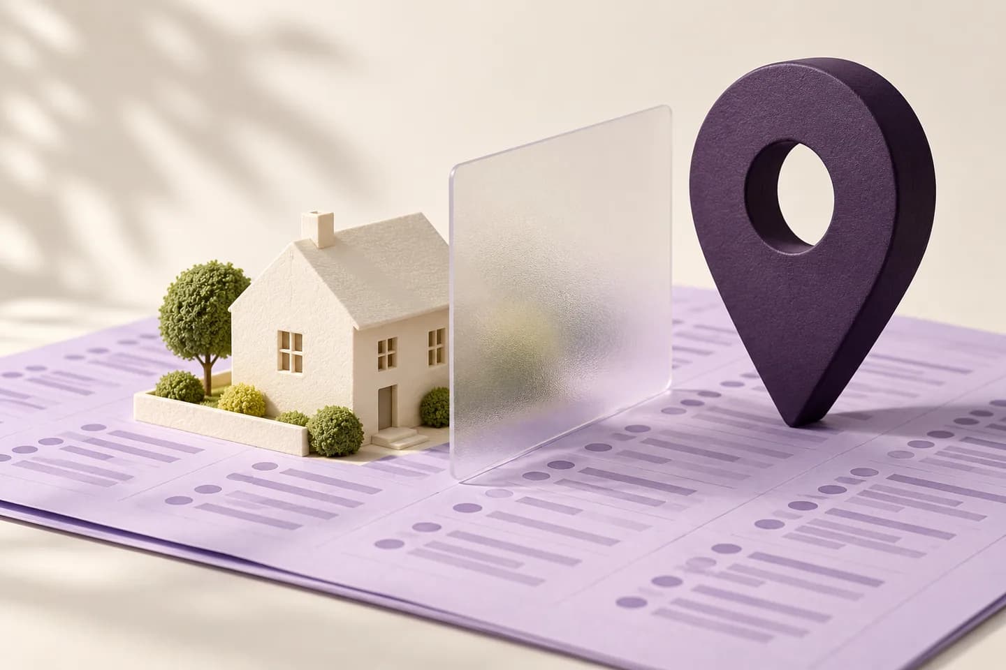 A model home shielded from a location pin on a directory grid.