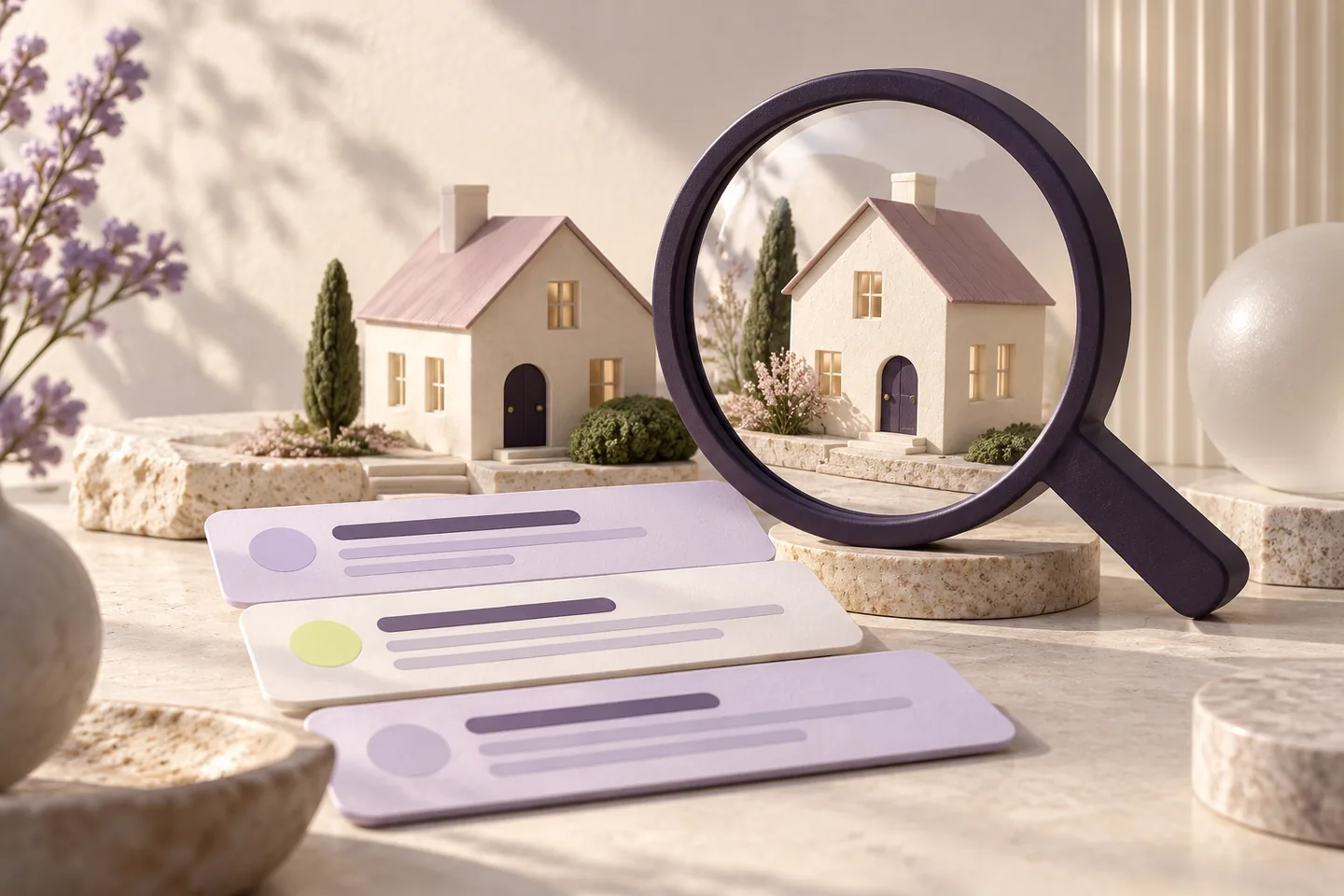 A model home visible both directly and through a search lens.