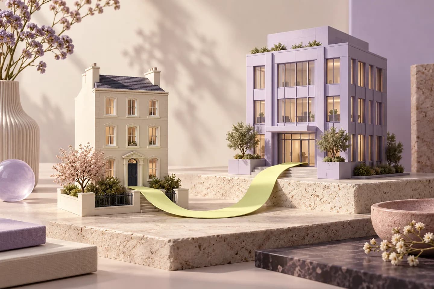 A home and office model connected by an address ribbon.