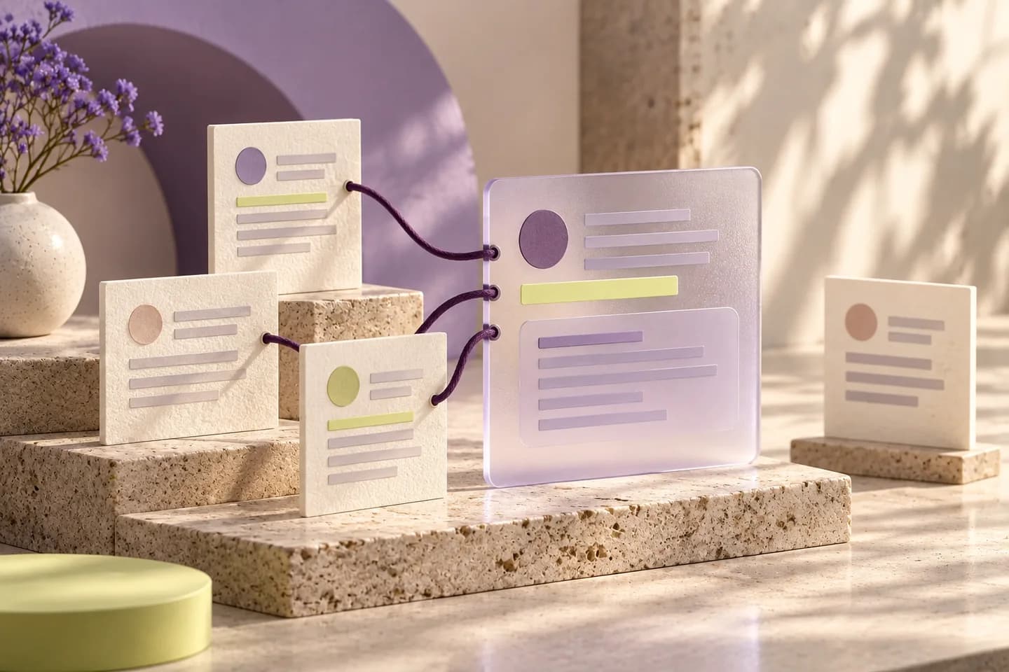 Separate paper records converging into one translucent answer card, with one record kept apart.