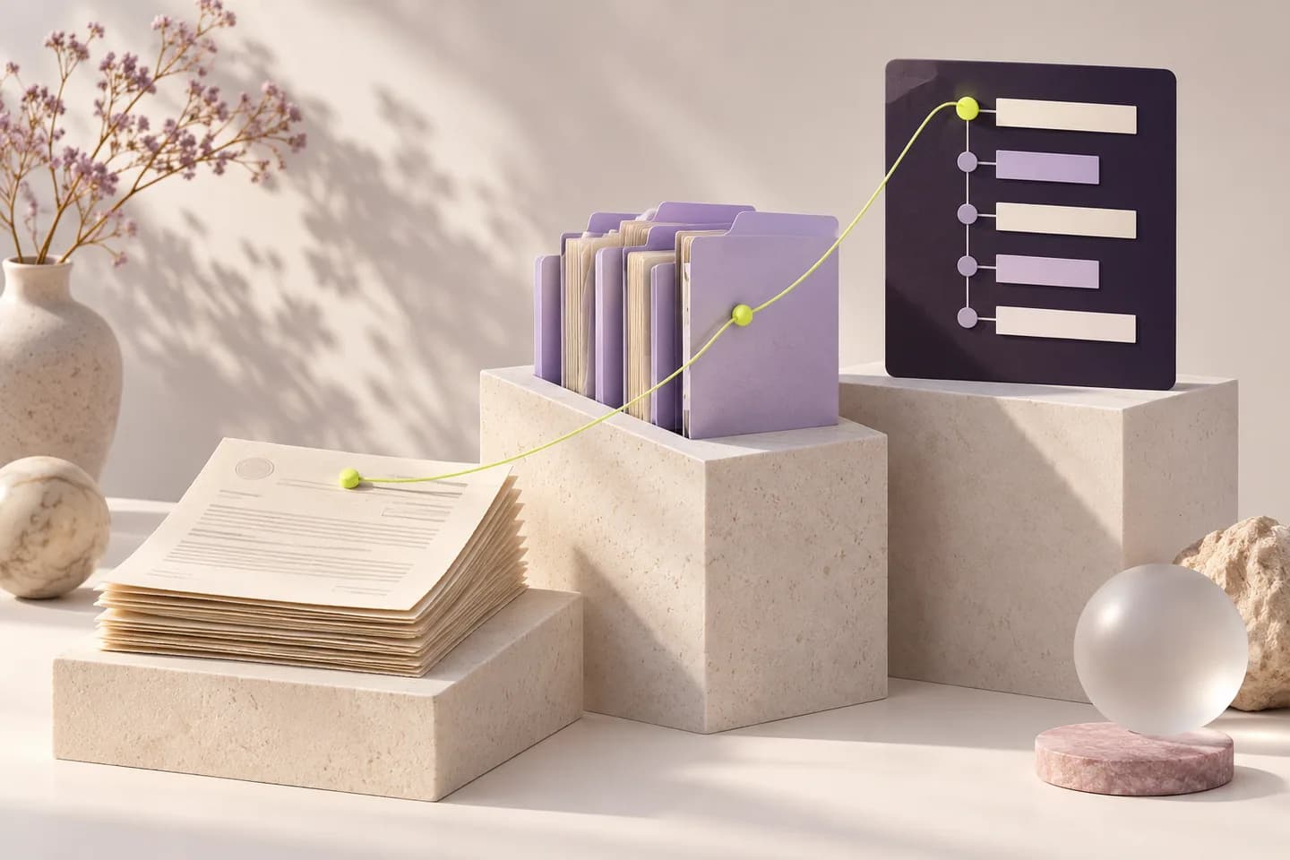 A thread tracing a business detail through three separate record sources.