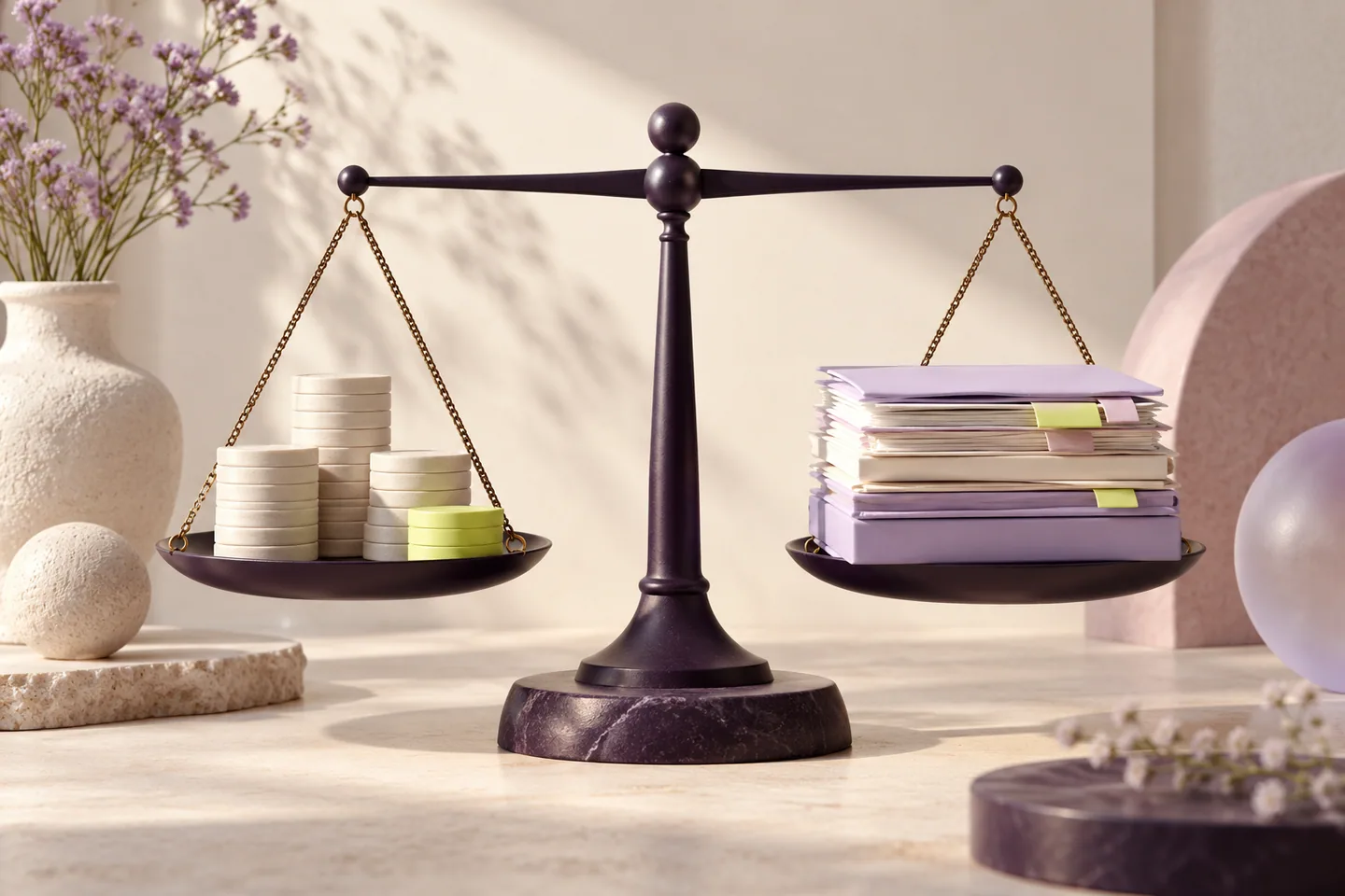 A balance scale comparing service fees with a defined dossier of work.