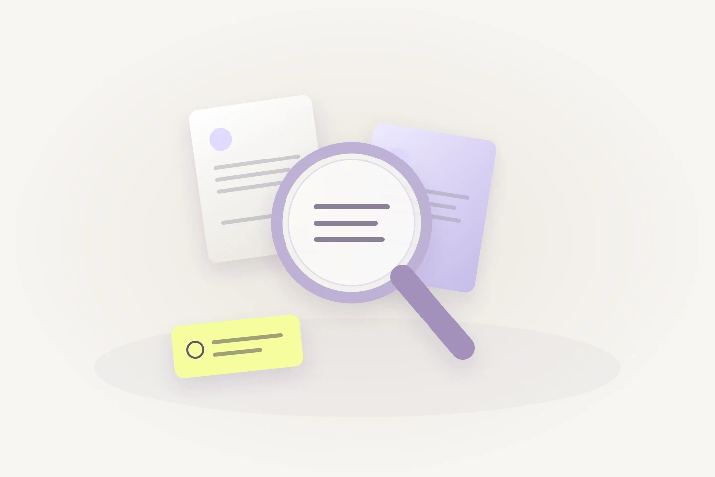 A paper answer held beside a verification lens, with an evidence sheet and a separate uncertain match.